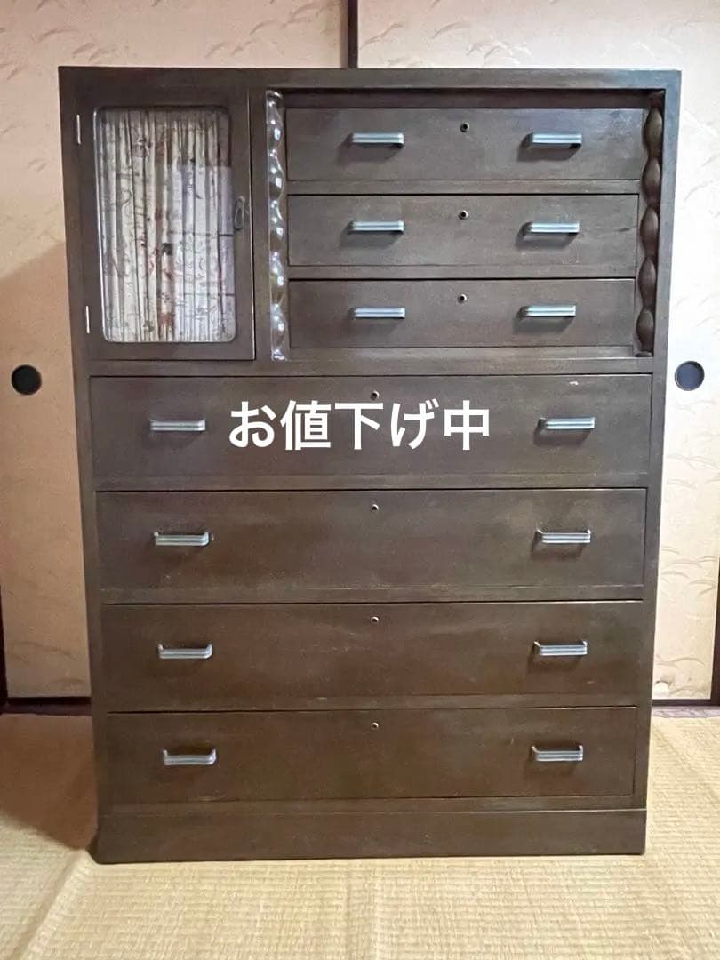 little meさん専用木製 箪笥 7段引出し ガラス扉付鍵付き 昭和レトロ