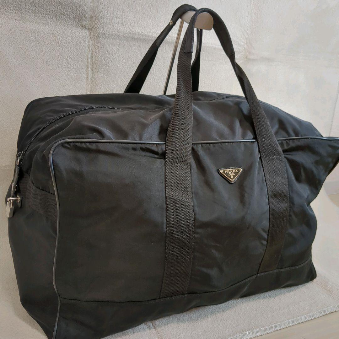 大容量 PRADA ボストンバッグ ブラック 三角ロゴ レザー ナイロン