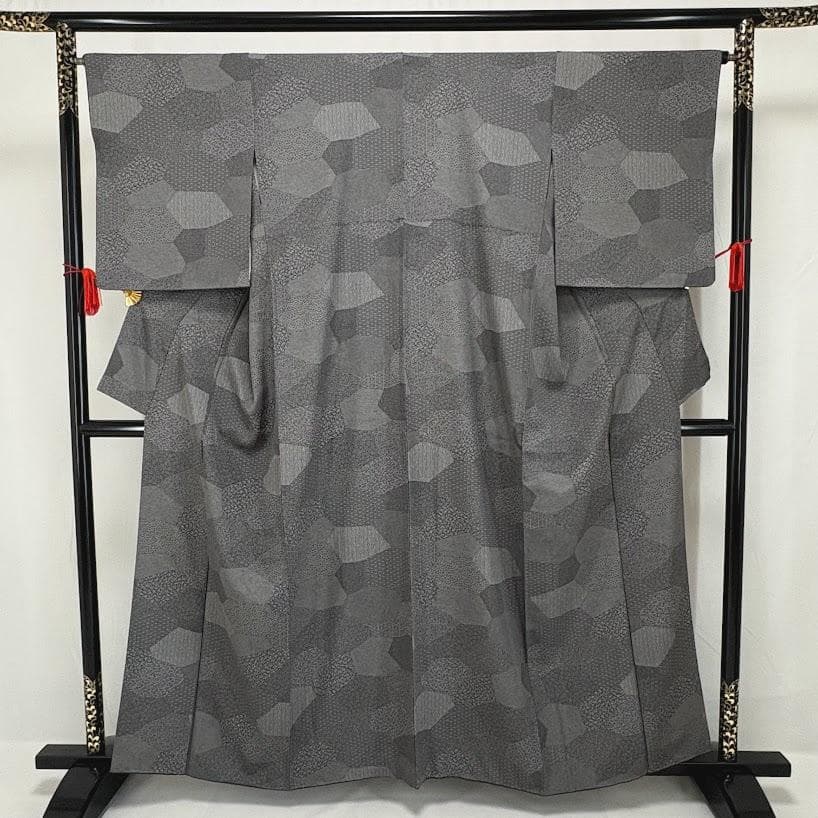 藤　江戸小紋　寄せ柄　ちりめん　裄66㎝　美品　黒色系　正絹　K802