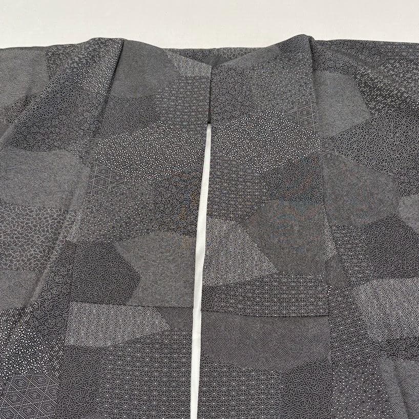 藤　江戸小紋　寄せ柄　ちりめん　裄66㎝　美品　黒色系　正絹　K802