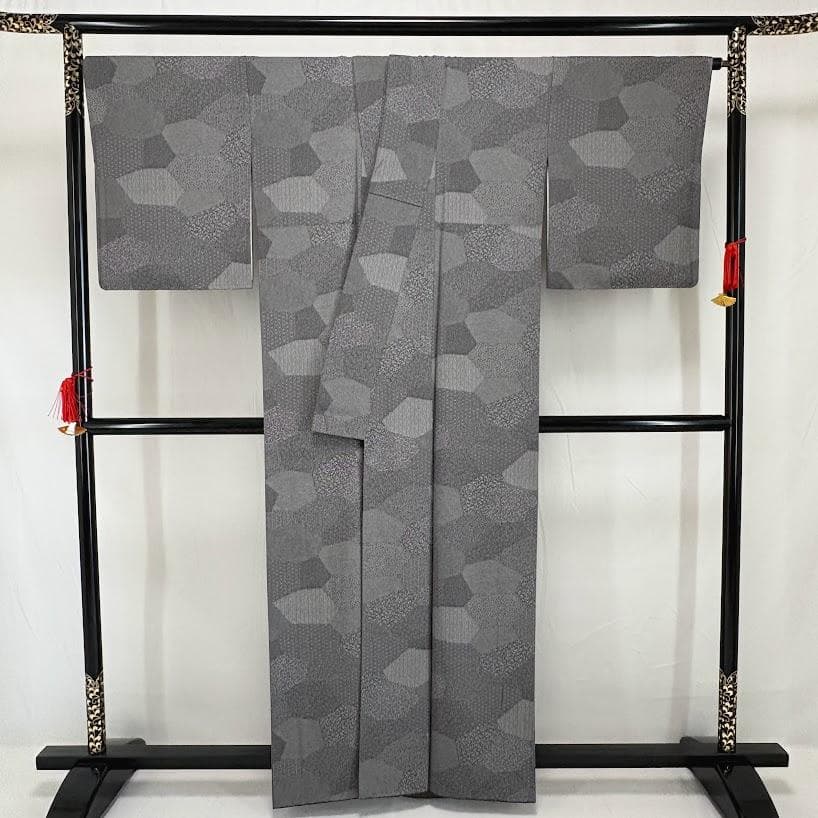 藤　江戸小紋　寄せ柄　ちりめん　裄66㎝　美品　黒色系　正絹　K802