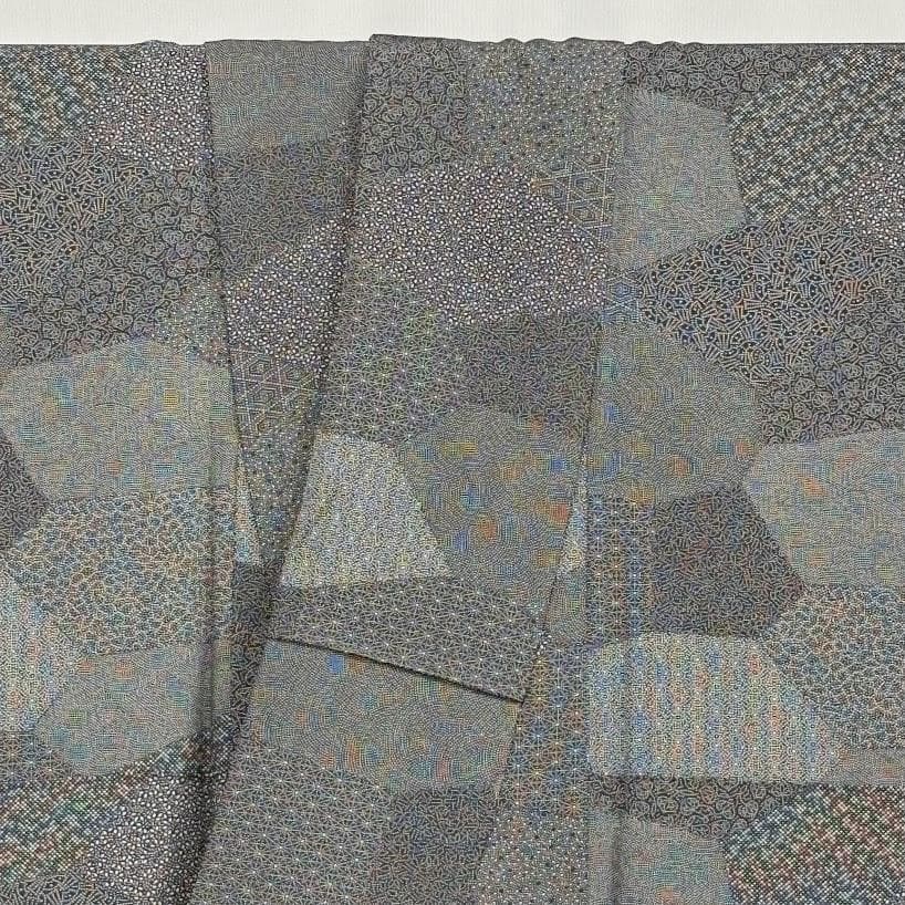 藤　江戸小紋　寄せ柄　ちりめん　裄66㎝　美品　黒色系　正絹　K802