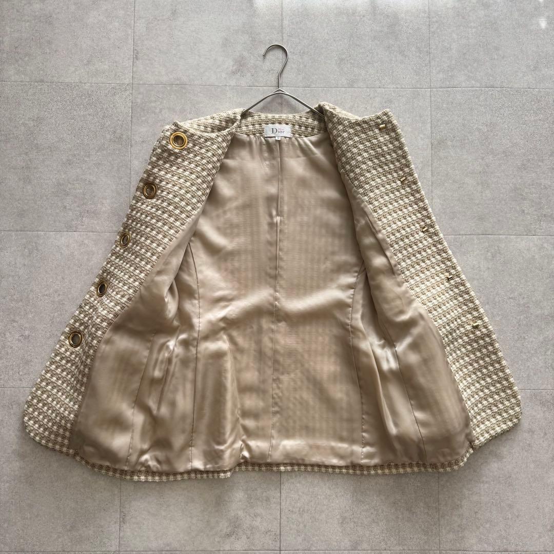 ミスディオール　テーラードジャケット ノーカラー　ツイード　金具　チェック