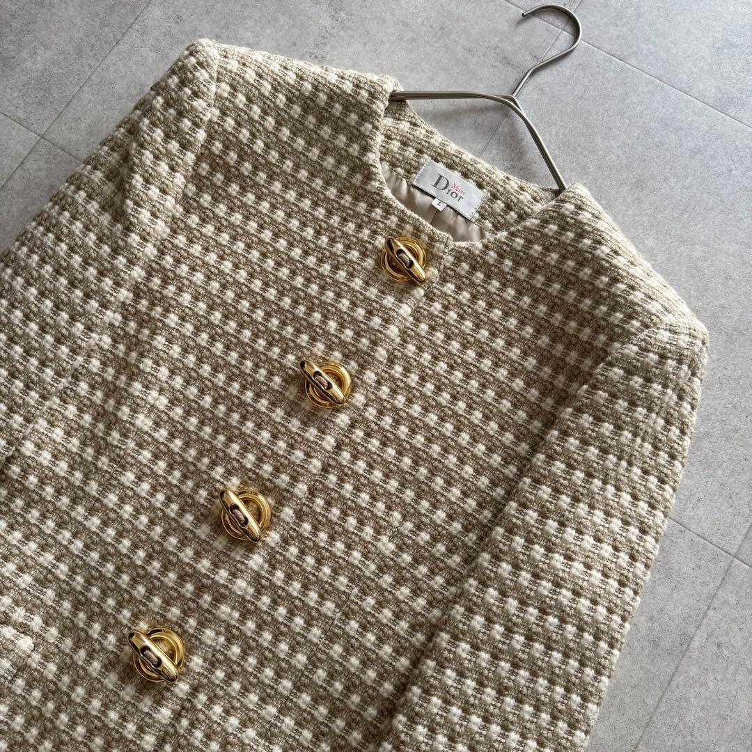 ミスディオール　テーラードジャケット ノーカラー　ツイード　金具　チェック