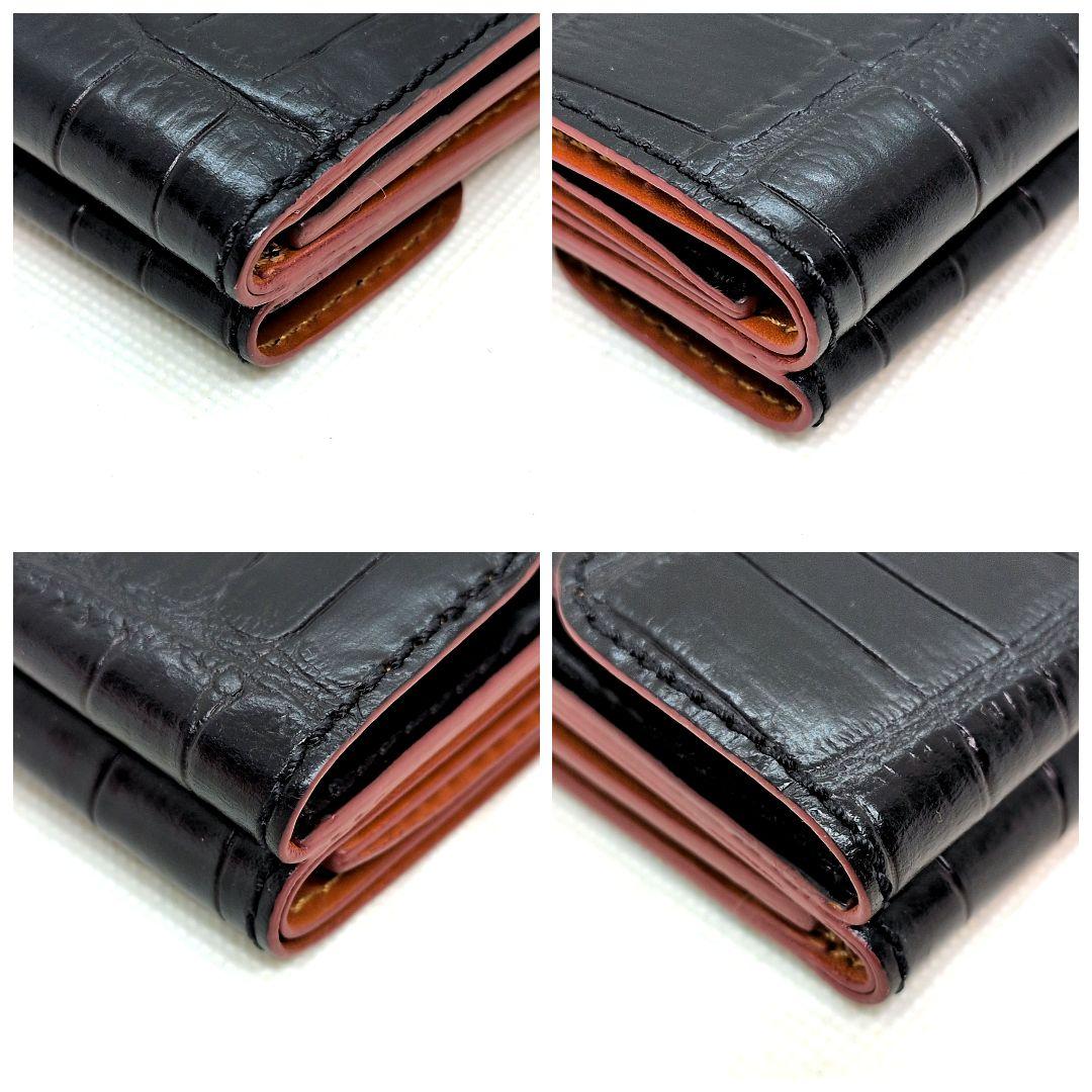 【未使用級】フェリージ　三つ折り財布　クロコ型押し　コンパクトウォレット　黒