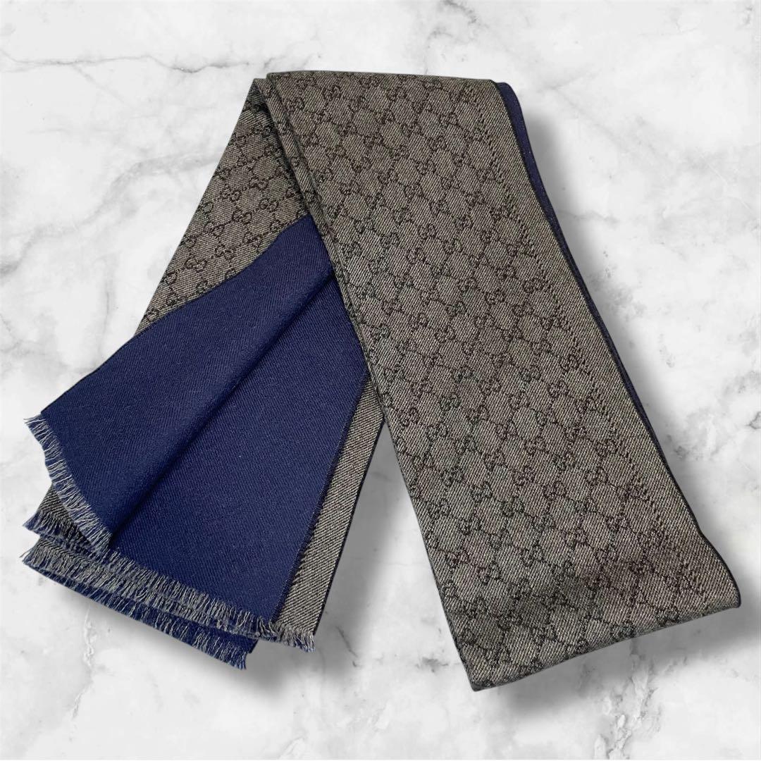 【美品】GUCCI GGパターン マフラー グレー/ネイビー