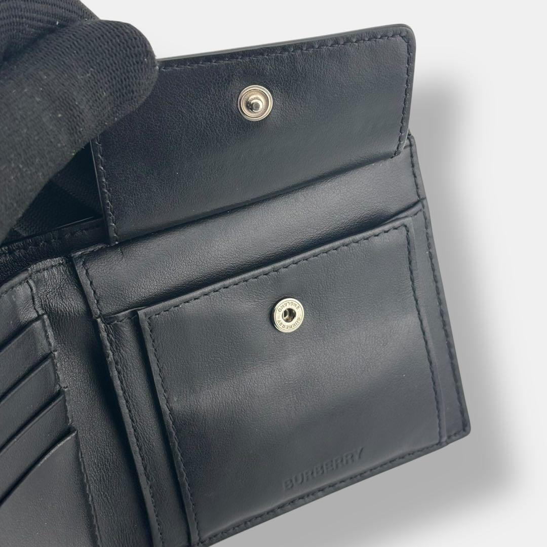 美品 現行 バーバリー 二つ折り財布 小銭入れ付 ロゴプリント レザー ブラック