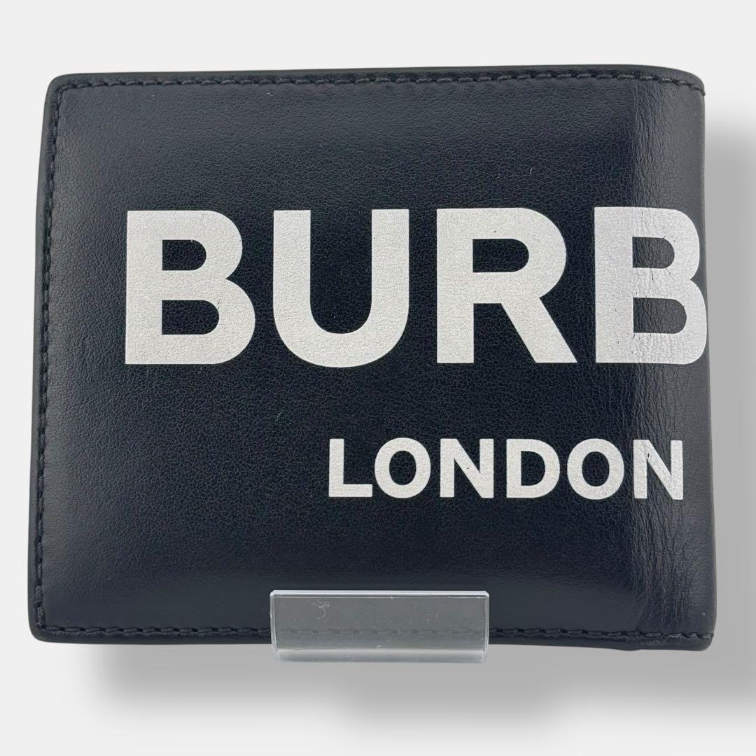 美品 現行 バーバリー 二つ折り財布 小銭入れ付 ロゴプリント レザー ブラック