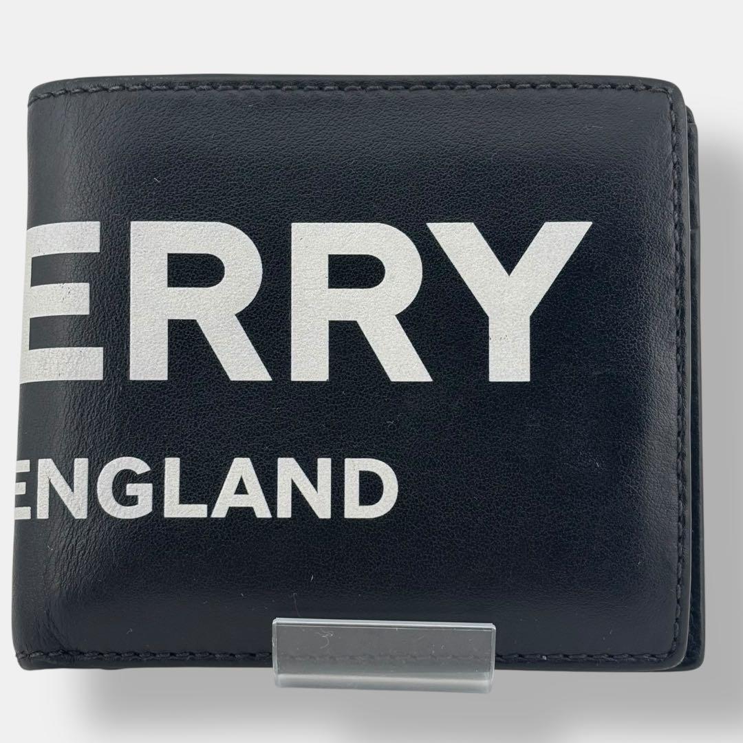 美品 現行 バーバリー 二つ折り財布 小銭入れ付 ロゴプリント レザー ブラック