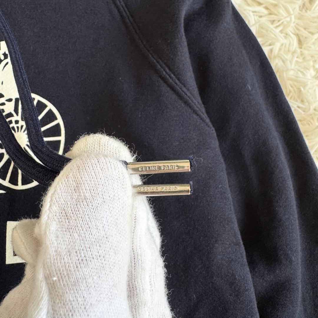 美品　セリーヌ　カシミヤ　パーカー　馬車プリント　ネイビー　Mサイズ　フード