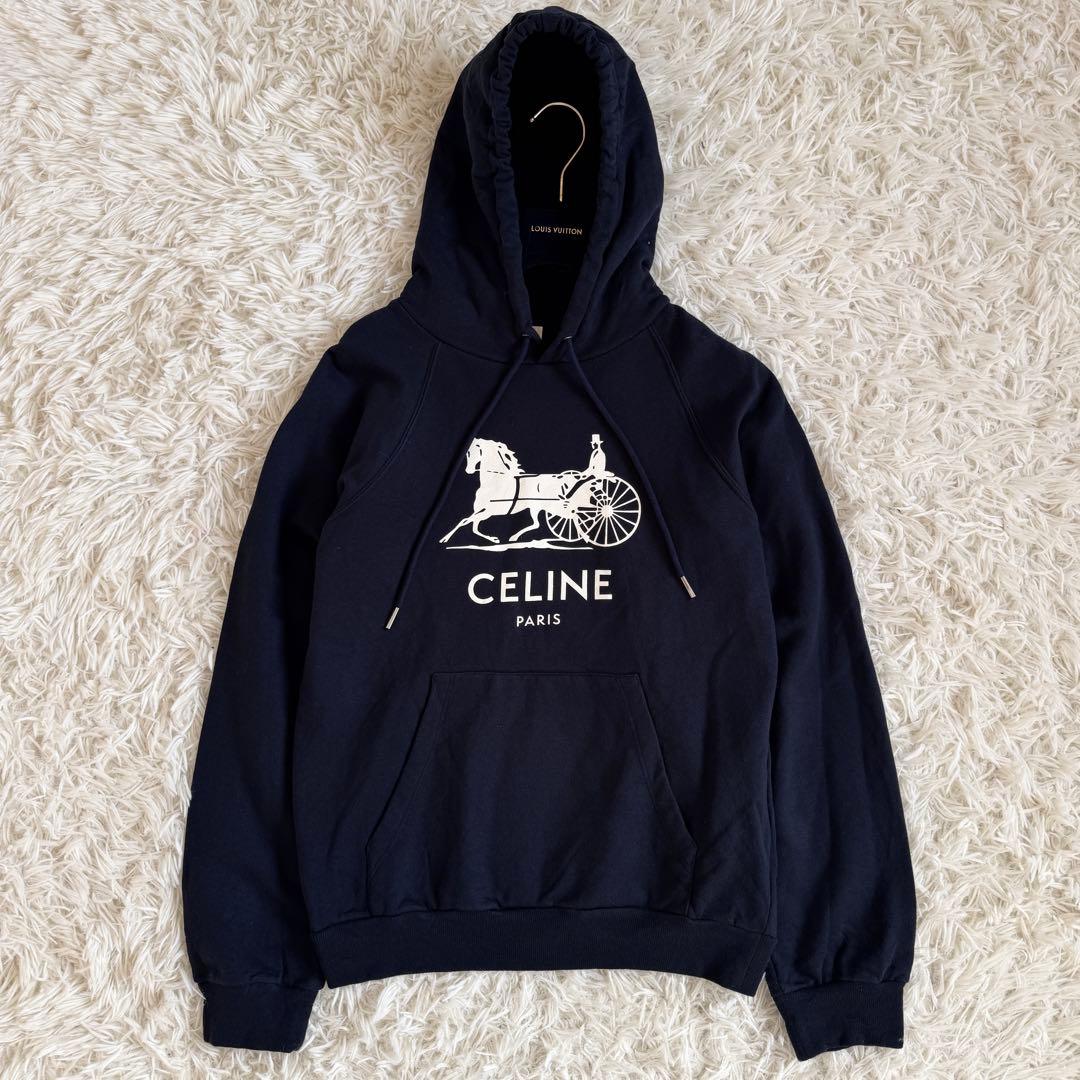 美品　セリーヌ　カシミヤ　パーカー　馬車プリント　ネイビー　Mサイズ　フード