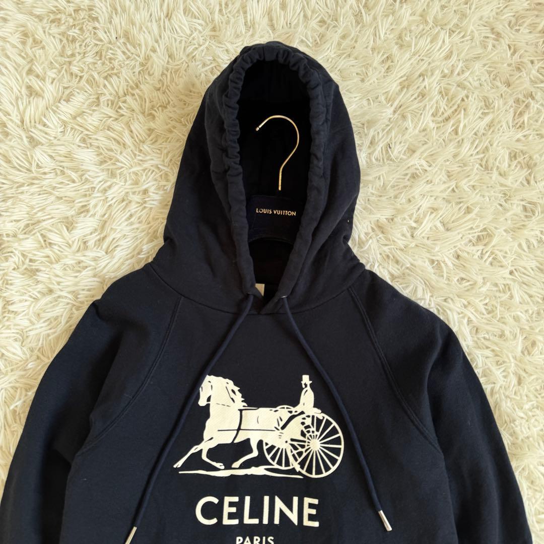 美品　セリーヌ　カシミヤ　パーカー　馬車プリント　ネイビー　Mサイズ　フード