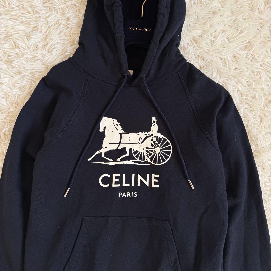 美品　セリーヌ　カシミヤ　パーカー　馬車プリント　ネイビー　Mサイズ　フード