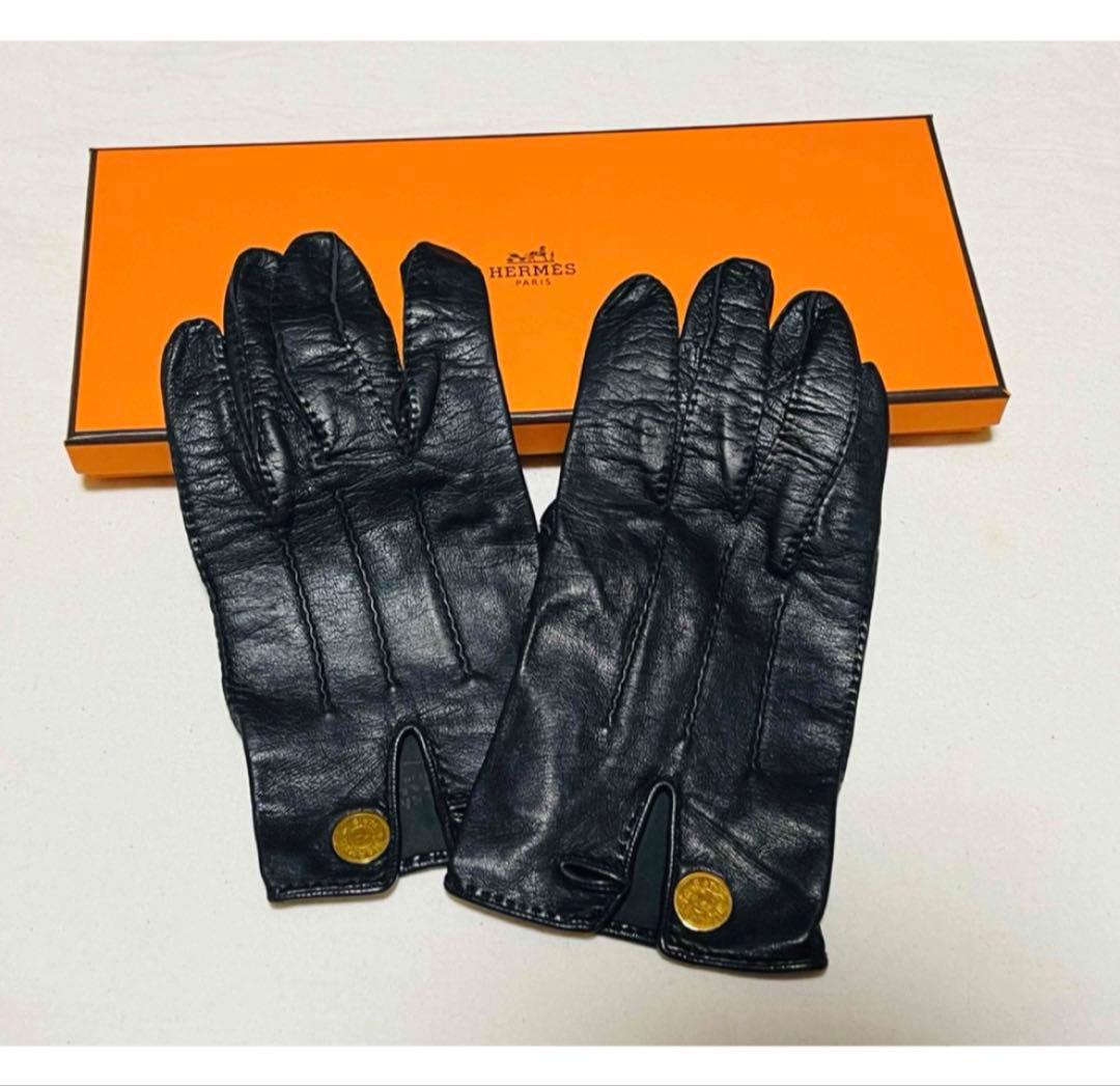 ヴィンテージHERMES セリエ 手袋レザー 黒レディース箱付サイズ7両手有り