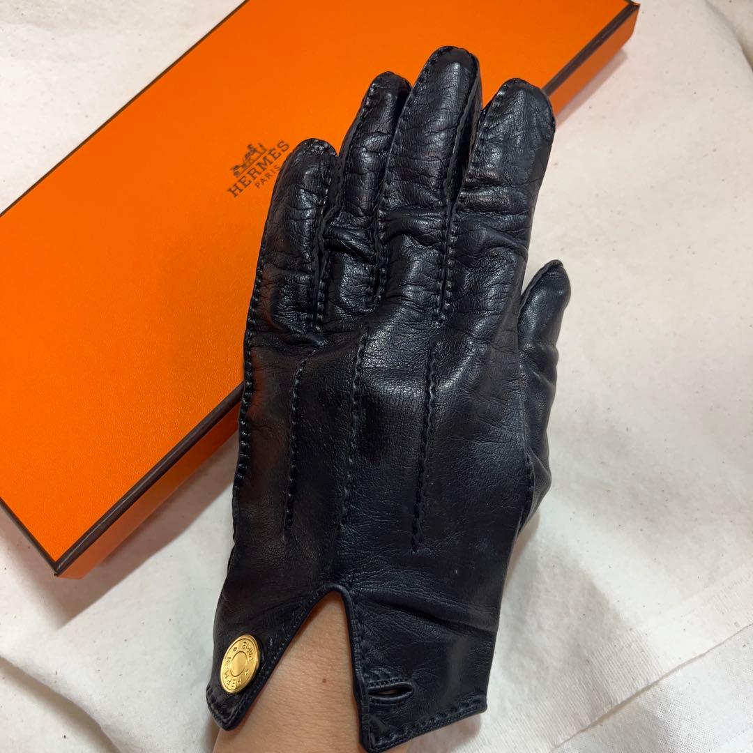 ヴィンテージHERMES セリエ 手袋レザー 黒レディース箱付サイズ7両手有り