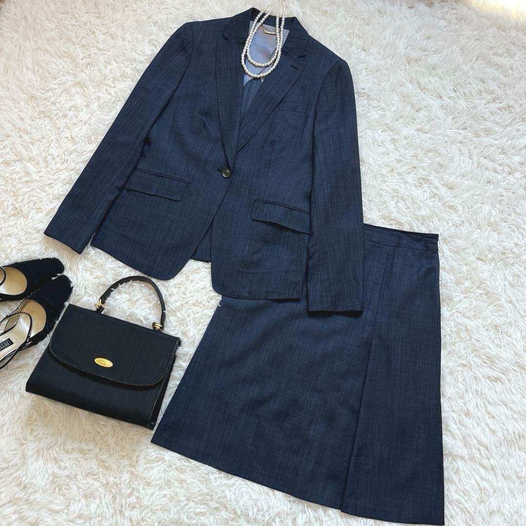 美品　ニューヨーカー　シルク混　スカートスーツ　ネイビー　背抜き　11号