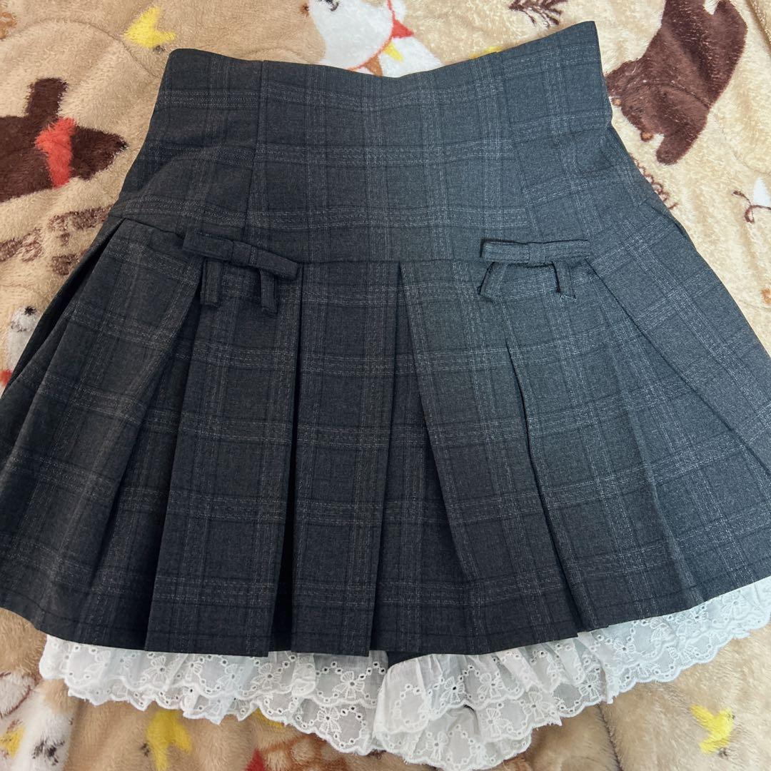 Pium ミニリボンコットンフリルプリーツスカート ブラックチェック