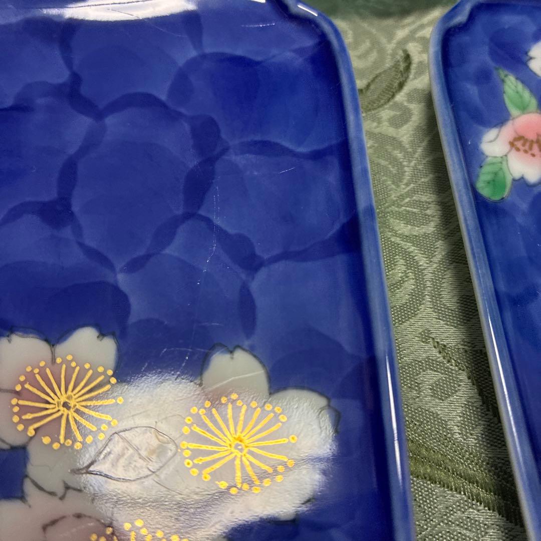 中古品！　深川製磁　桜花紋 角皿 湯呑み　重箱　桜　花柄　青色