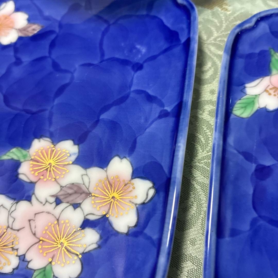 中古品！　深川製磁　桜花紋 角皿 湯呑み　重箱　桜　花柄　青色