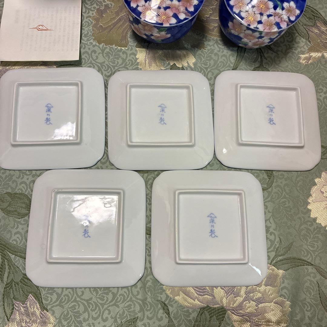 中古品！　深川製磁　桜花紋 角皿 湯呑み　重箱　桜　花柄　青色