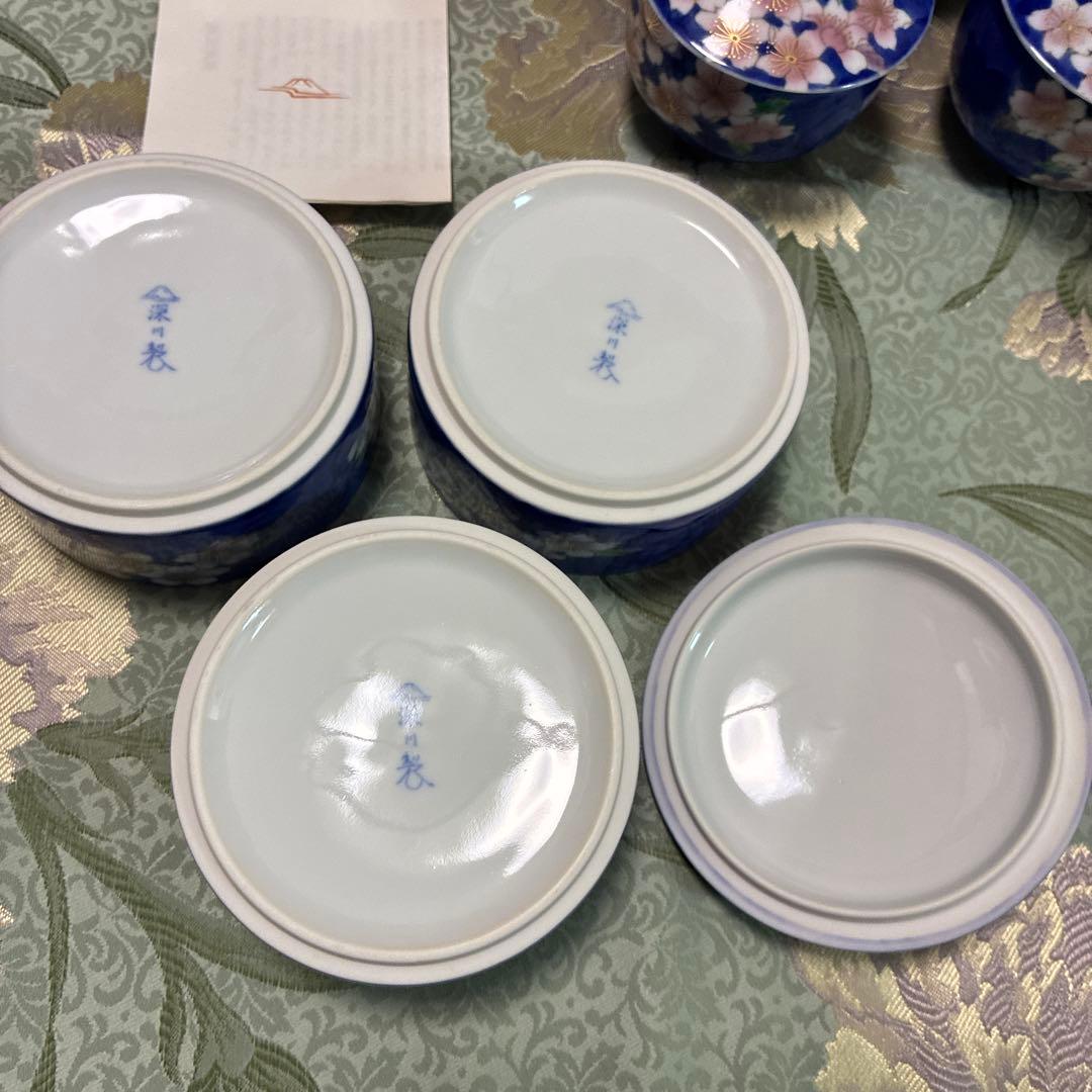 中古品！　深川製磁　桜花紋 角皿 湯呑み　重箱　桜　花柄　青色