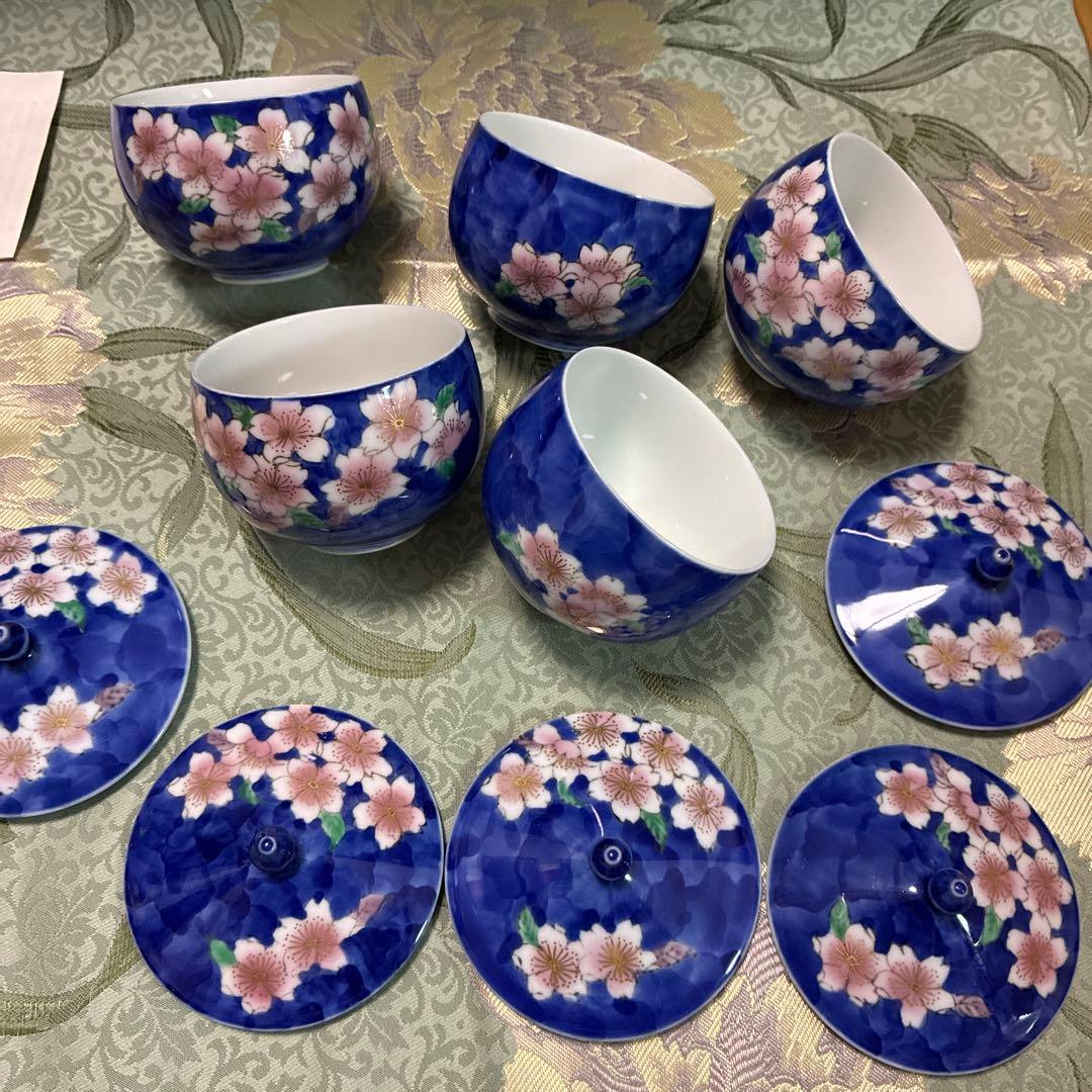 中古品！　深川製磁　桜花紋 角皿 湯呑み　重箱　桜　花柄　青色