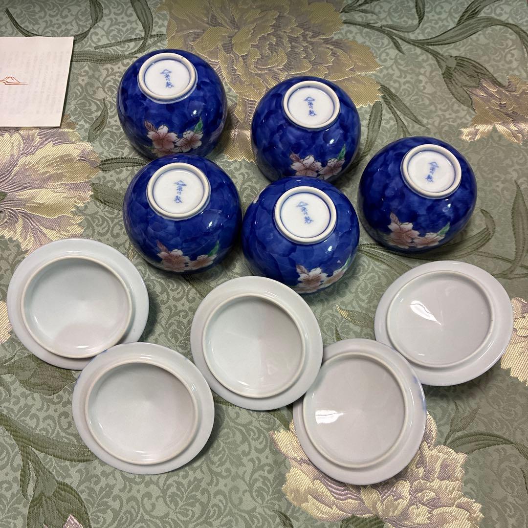 中古品！　深川製磁　桜花紋 角皿 湯呑み　重箱　桜　花柄　青色