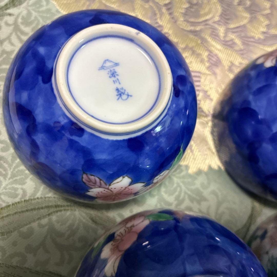 中古品！　深川製磁　桜花紋 角皿 湯呑み　重箱　桜　花柄　青色