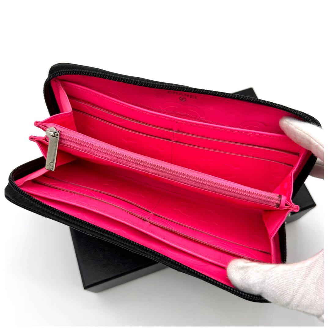 シャネル カンボンライン ラウンドファスナー 長財布 ブラック