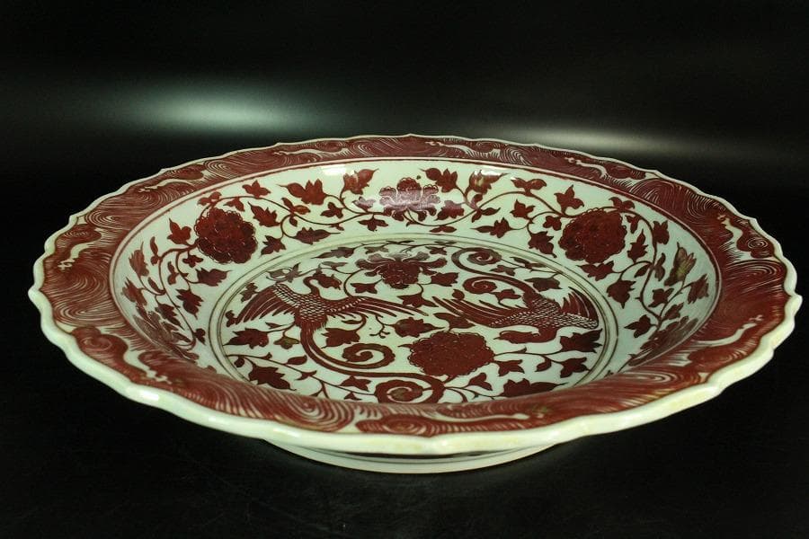 中国美術 釉裏紅 纏枝蓮花鳳紋 折口皿(K-A837)