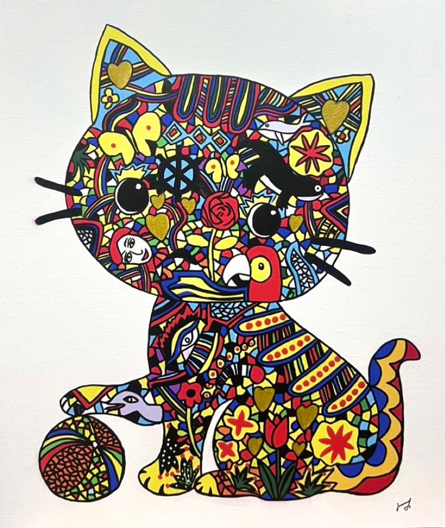 【F10】ジミー大西（ネコ）肉筆品/表裏サイン有り/手描き作品/油絵/絵画/額縁