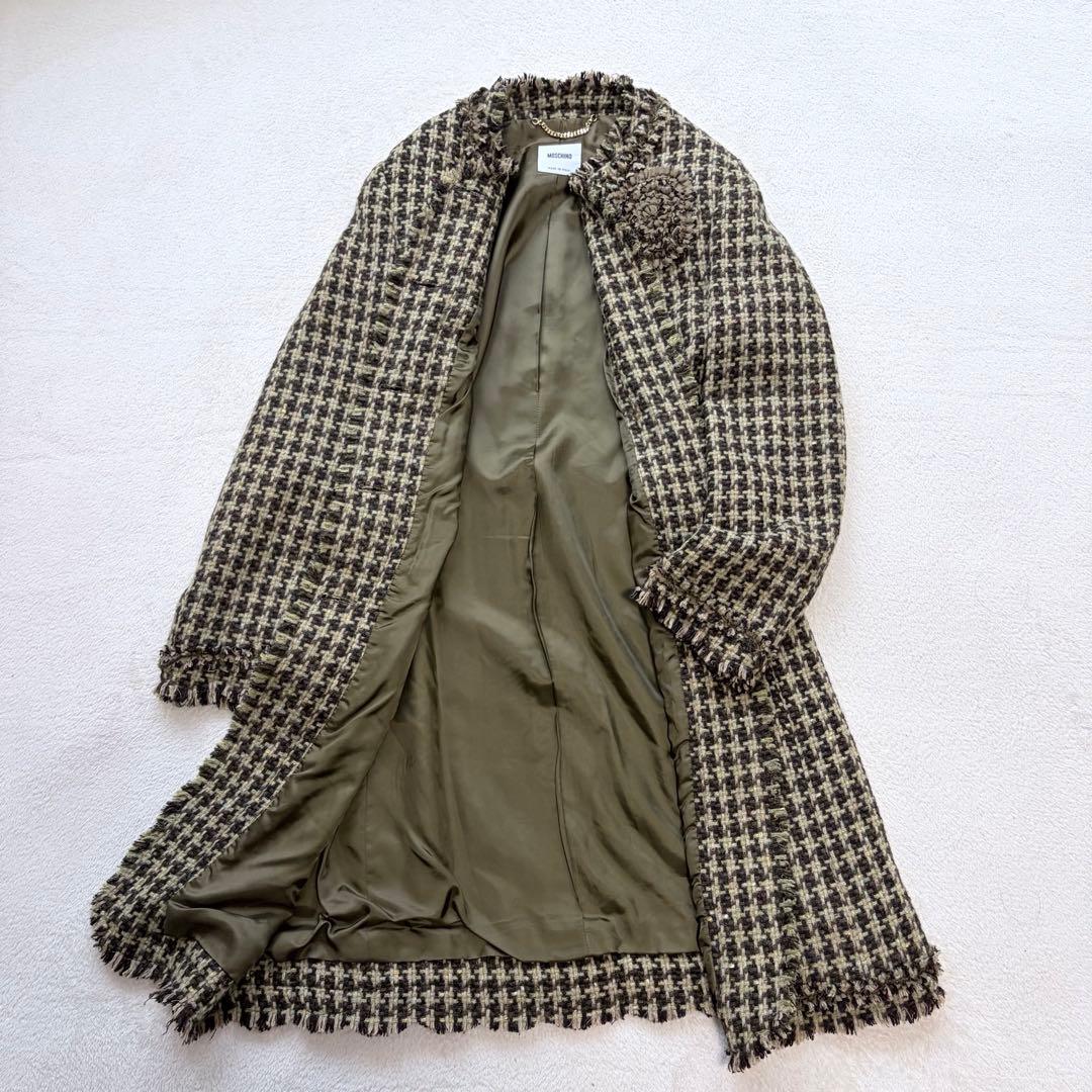 ❁ MOSCHINO ツイードロングコート フリンジ イタリア性 ノーカラー