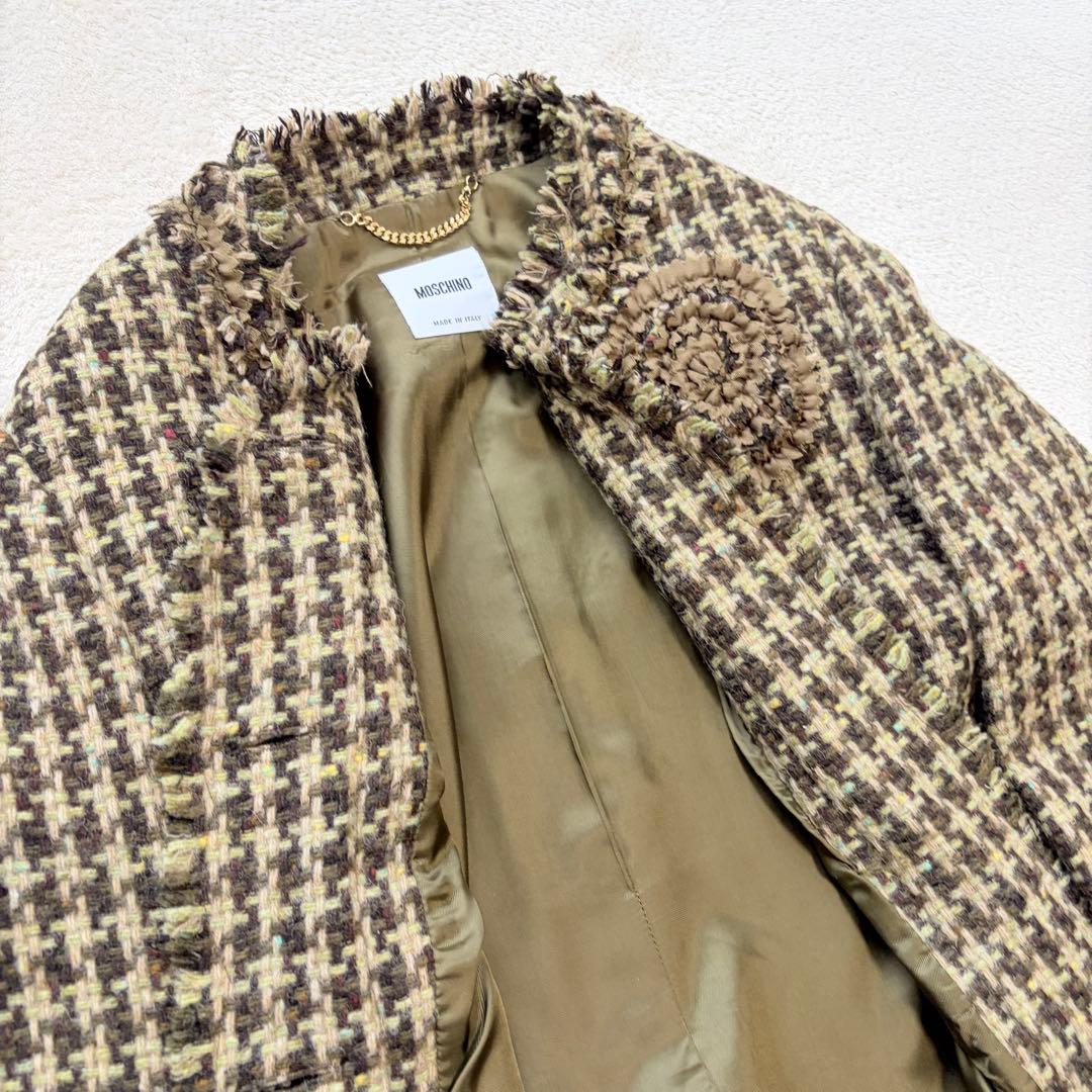 ❁ MOSCHINO ツイードロングコート フリンジ イタリア性 ノーカラー