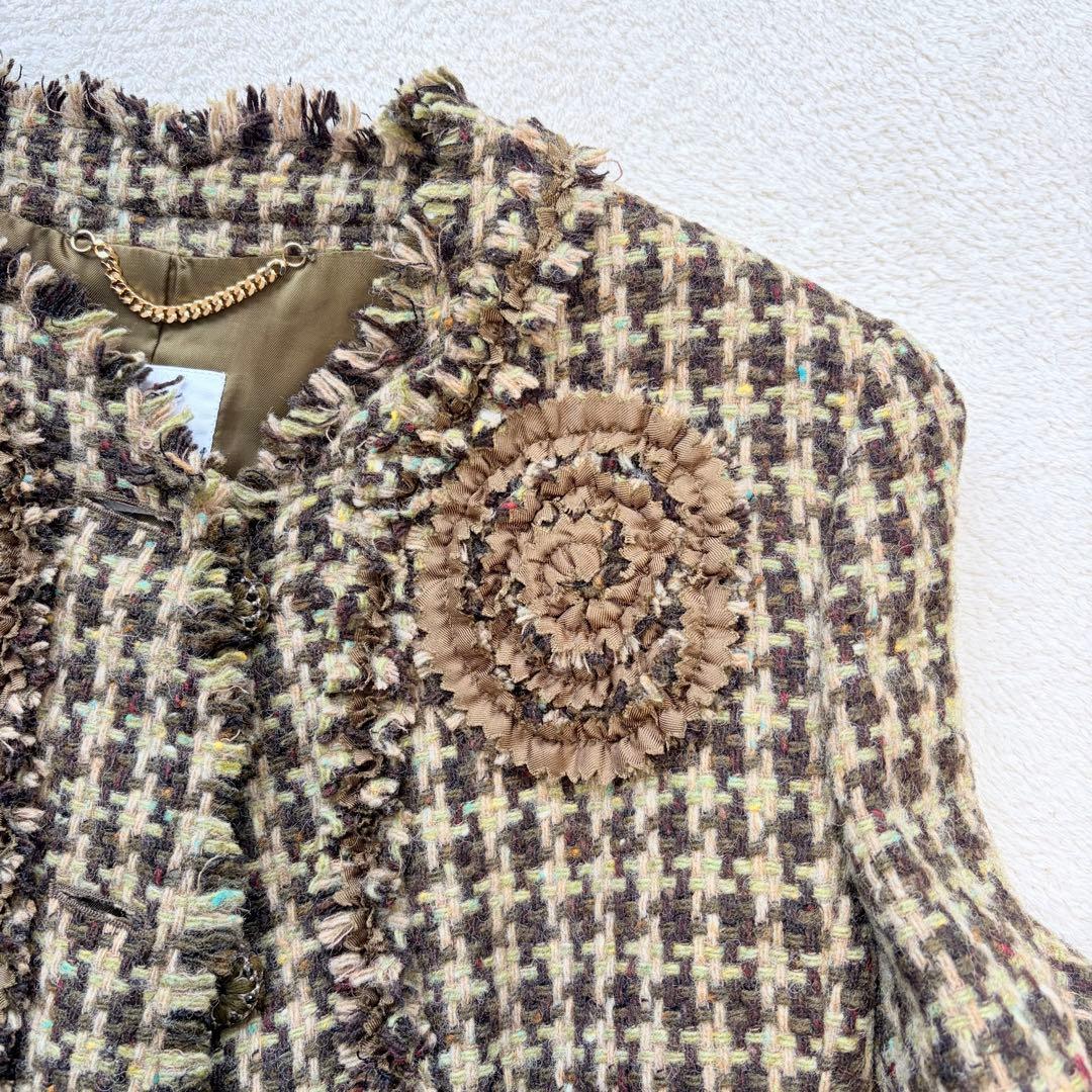 ❁ MOSCHINO ツイードロングコート フリンジ イタリア性 ノーカラー