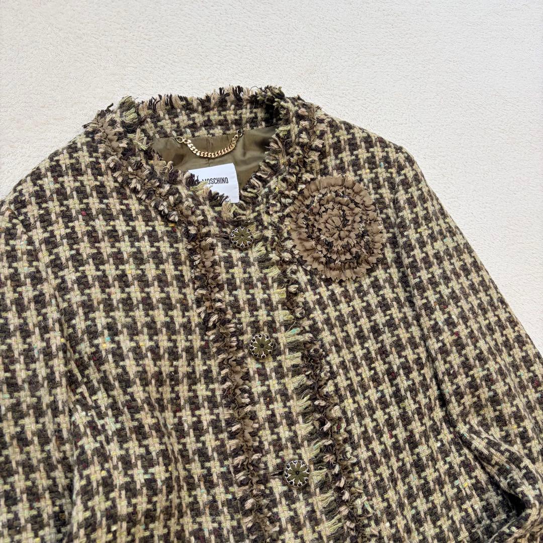 ❁ MOSCHINO ツイードロングコート フリンジ イタリア性 ノーカラー