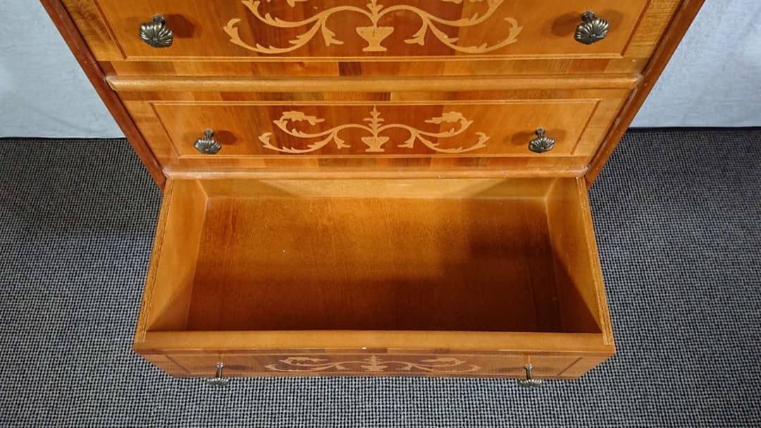 イタリア製 チェスト 5段 丸脚 象嵌 引き出し 棚 タンス アンティーク調