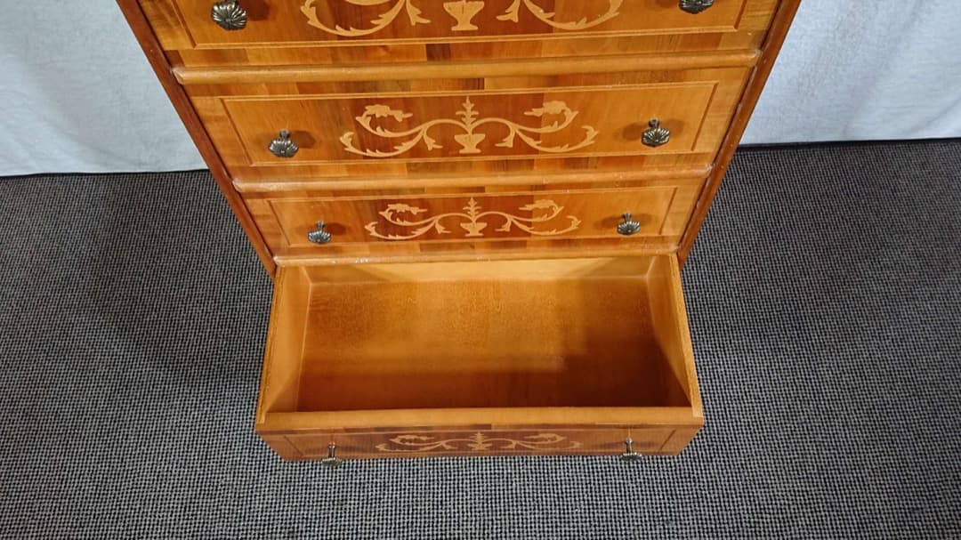 イタリア製 チェスト 5段 丸脚 象嵌 引き出し 棚 タンス アンティーク調