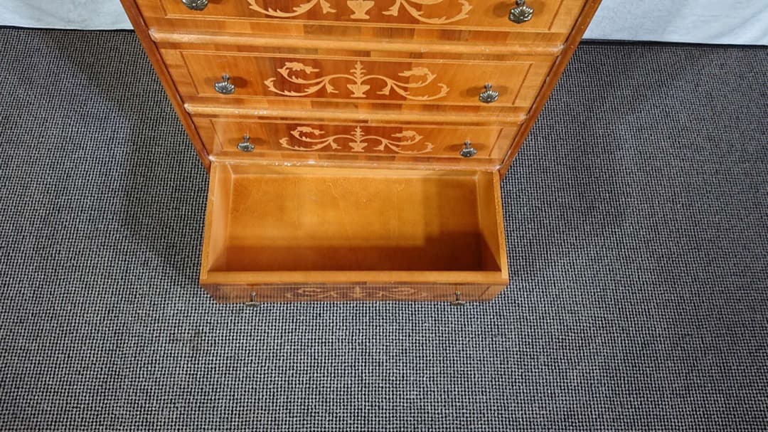 イタリア製 チェスト 5段 丸脚 象嵌 引き出し 棚 タンス アンティーク調