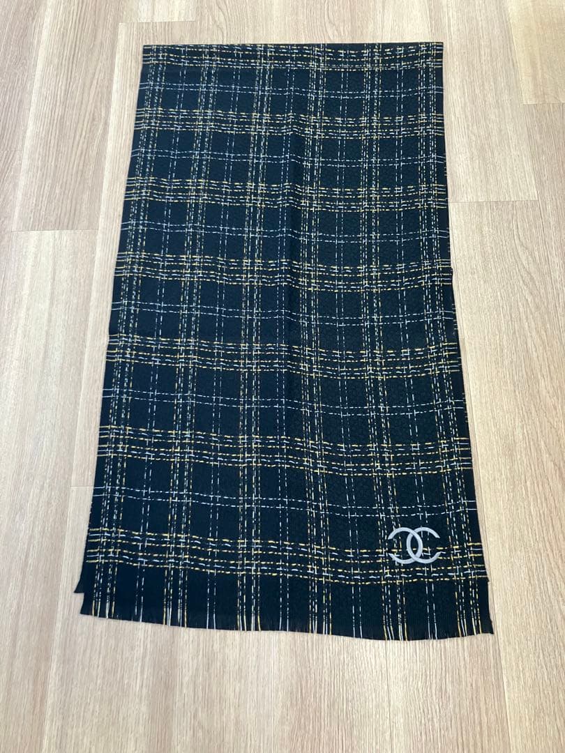 CHANEL チェック柄マフラー CCロゴ刺繍