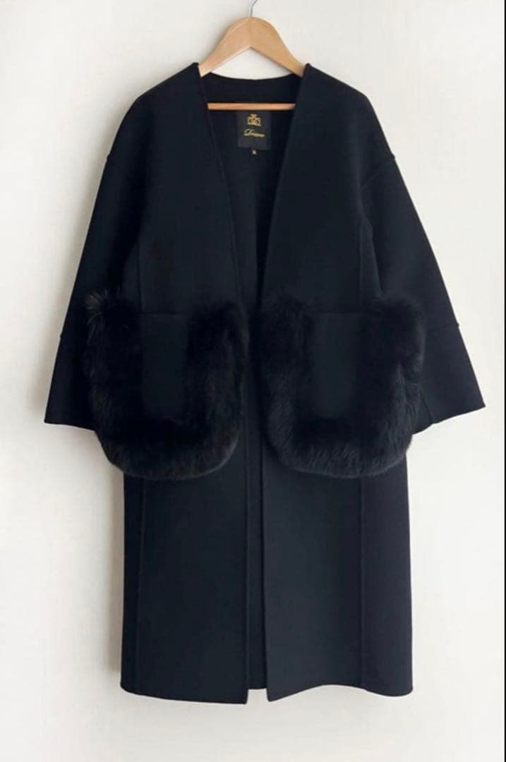 【美品】DRAWER ケヌキファーポケットノーカラーコート　ブラック　34