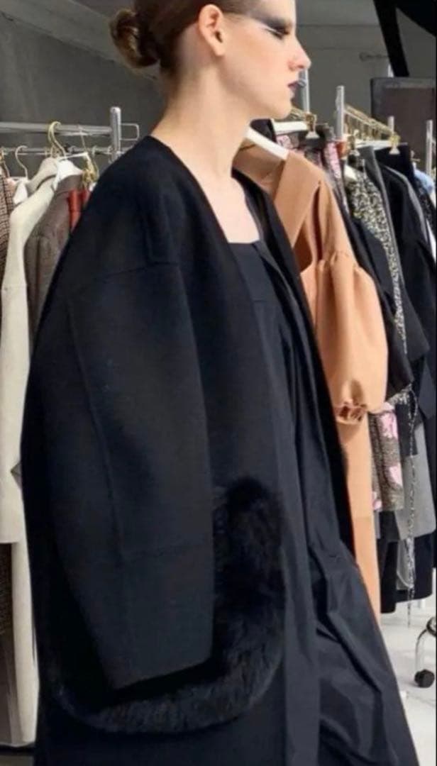 【美品】DRAWER ケヌキファーポケットノーカラーコート　ブラック　34