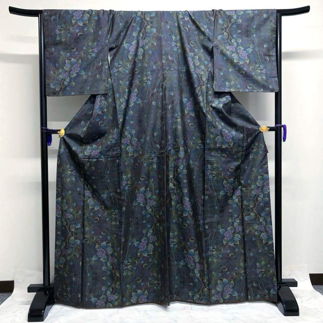 小紋　大島紬　花模様　蔓　グラデーション　着物　034k