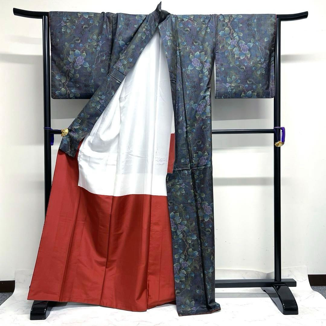 小紋　大島紬　花模様　蔓　グラデーション　着物　034k