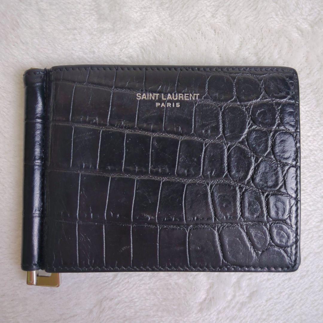 サンローラン　マネークリップ　クロコ型押しレザー　ブラック　折り財布