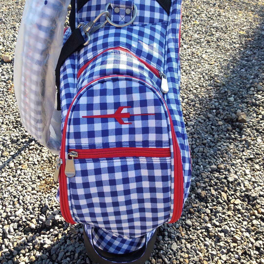 トランスコンチネンツ　キャディバッグ　スタンド式　チェック　青✕赤　中古
