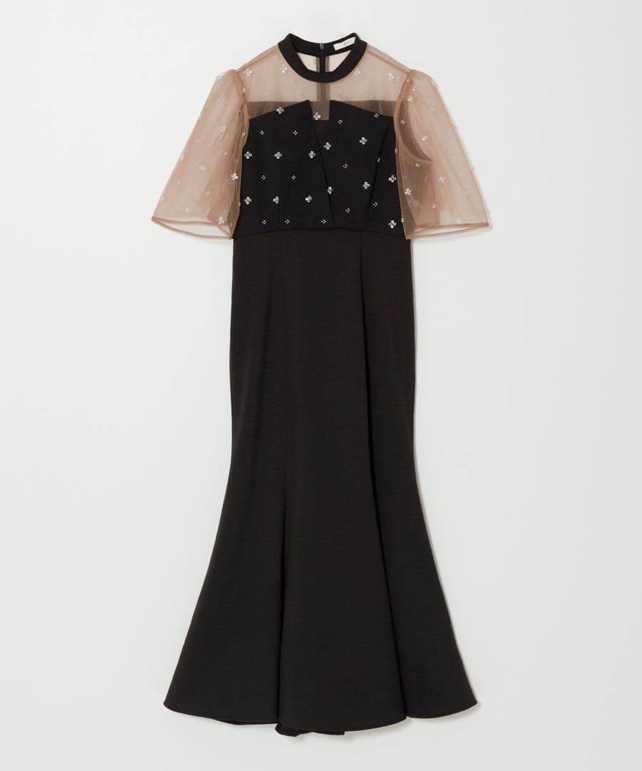 leja ブラックパーティードレス シースルー袖 ビーズ装飾