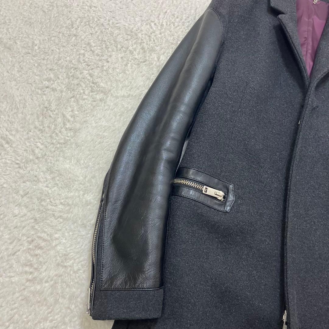 ディーゼル✨レザー切替 牛革 ウール ジップアップ 黒 チェスターコート