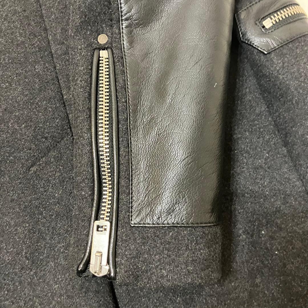 ディーゼル✨レザー切替 牛革 ウール ジップアップ 黒 チェスターコート