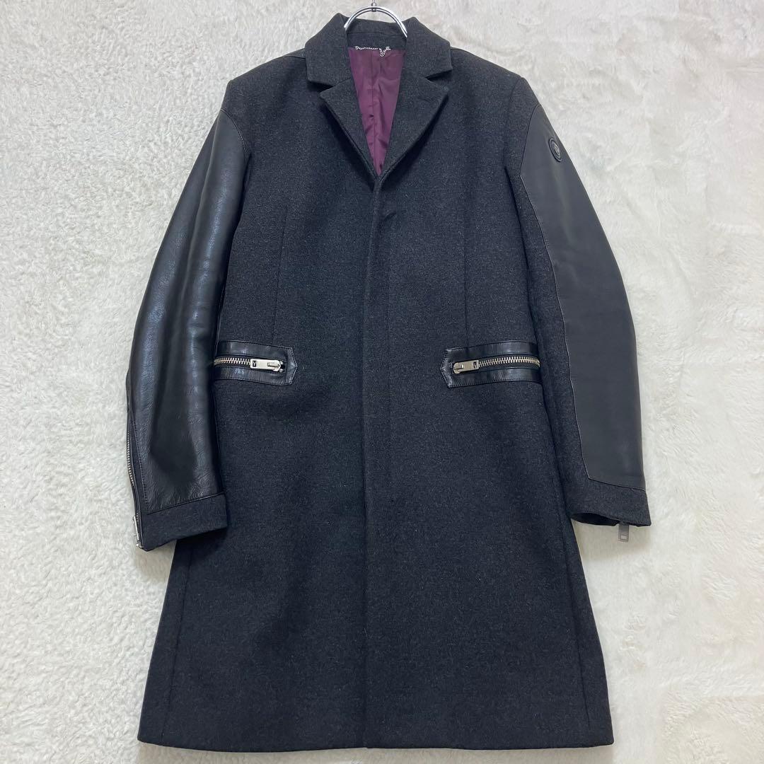 ディーゼル✨レザー切替 牛革 ウール ジップアップ 黒 チェスターコート