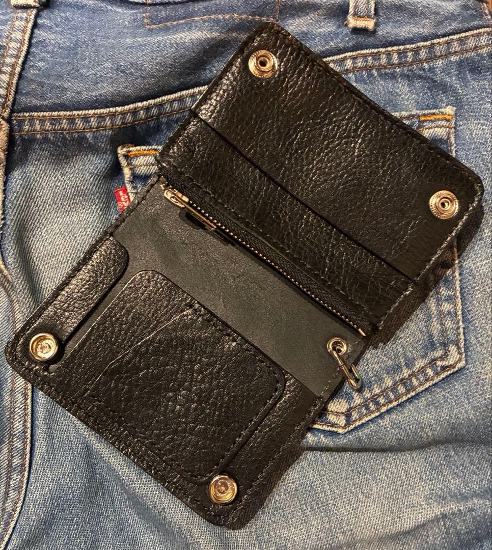 トラッカーウォレット　ミドルサイズ　シボ革　シルバー925クロスボールコンチョ